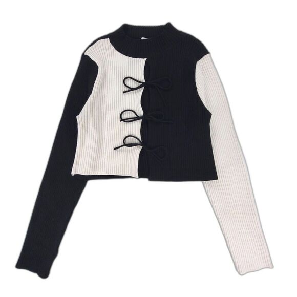 ZARA KNIT SWEATER WITH CONTRAST BOWS 90s Cutout Black Ecru Crop Top Medium Y2k - Picture 1 of 7
